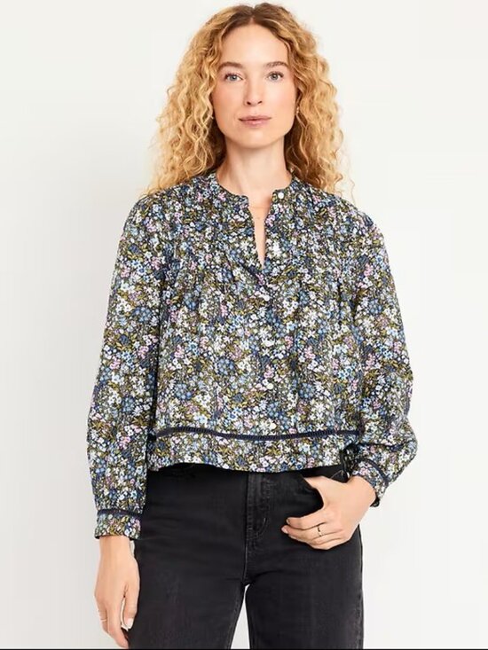 Old Navy Tops - Old Navy Floral Pintuck Cropped Button Down Blouse M Boho